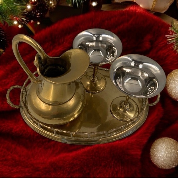 Mid Century Brass Wine Serving Set, Tray, Pitcher And Goblets, Functional Decor - Picture 9 of 10